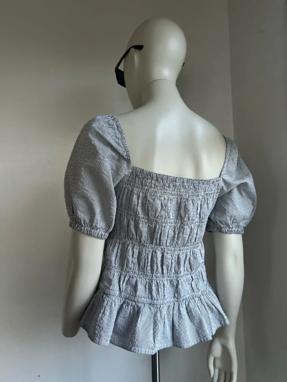 Buffalo L Smocked Square-Neck Peplum Top in Light Blue Stripe
